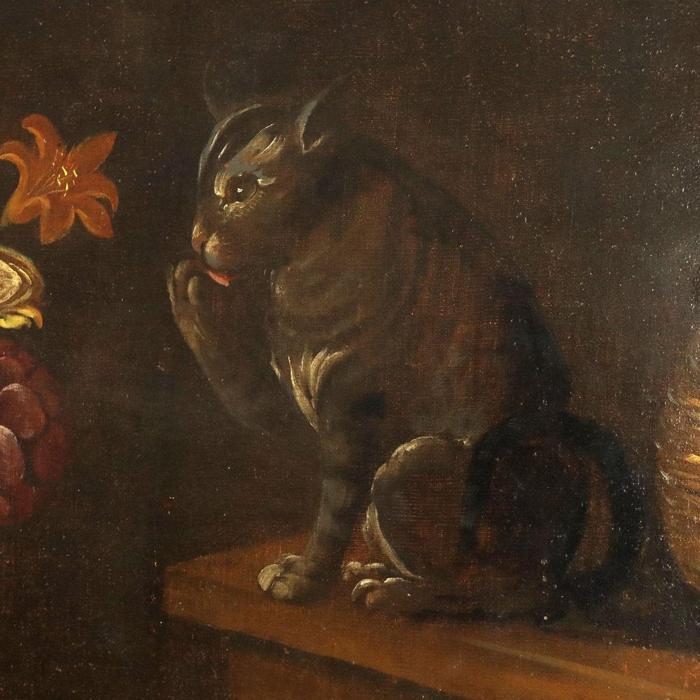 Italian Artist, Still Life with Fruit, Vegetables and Cat, 1600s, Oil on Canvas