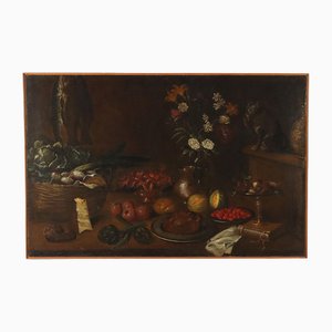 Italian Artist, Still Life with Fruit, Vegetables and Cat, 1600s, Oil on Canvas-VMM-1791035