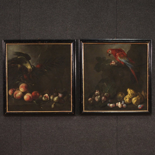 Italian Artist, Still Lifes with Parrots, 1650, Oil on Canvases, Set of 2