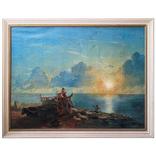 Italian Artist, Sunset with Animals and Characters, 1800s, Oil on Canvas, Framed