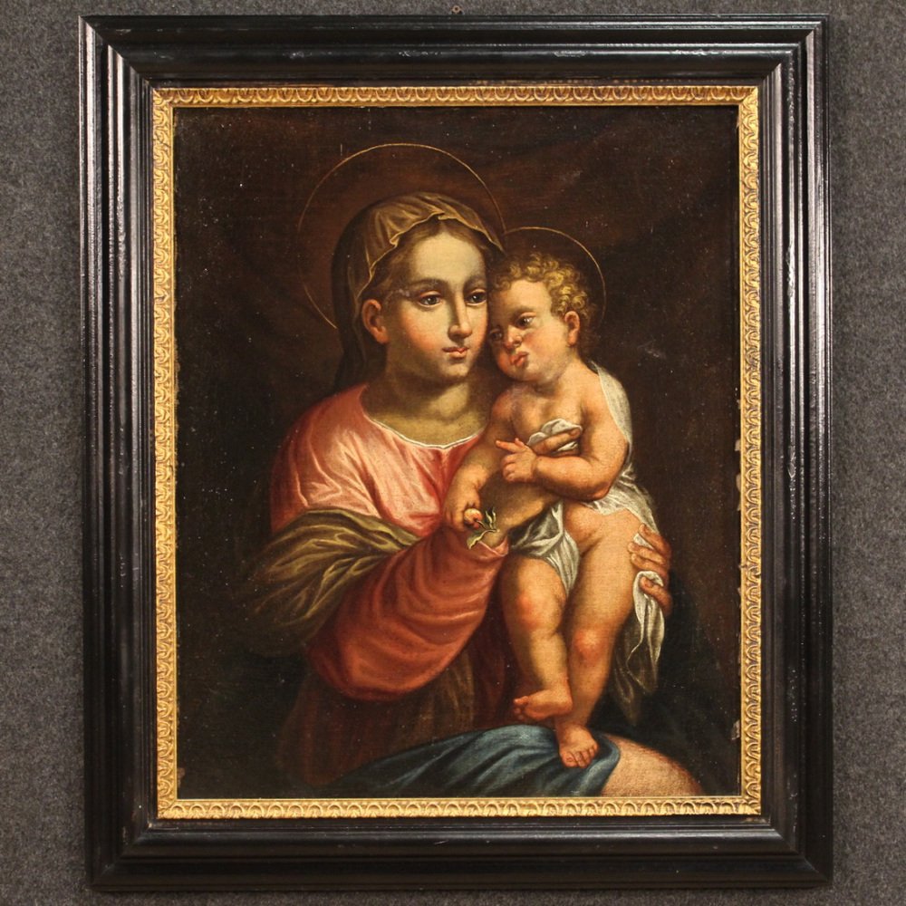 Italian Artist, Virgin with Child, 1670, Oil on Canvas, Framed