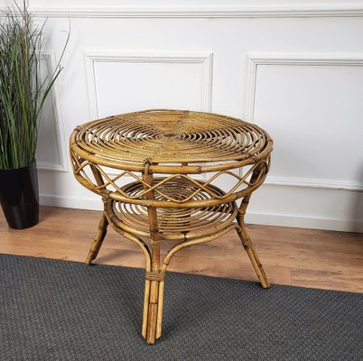 Italian Bamboo and Rattan Round Coffee Table, 1960s-EUP-1451969