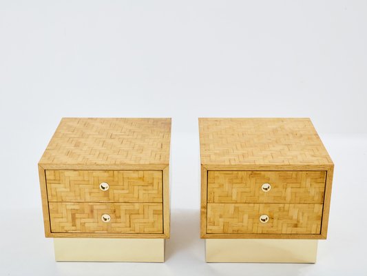 Italian Bamboo Marquetry and Brass Bedside Tables from Dal Vera, 1970s, Set of 2-YJA-1815676