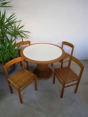 Italian Bamboo & Midollino Table and Chairs, 1970s, Set of 5-UIW-1140212