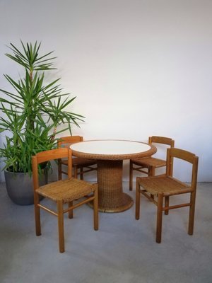 Italian Bamboo & Midollino Table and Chairs, 1970s, Set of 5-UIW-1140212