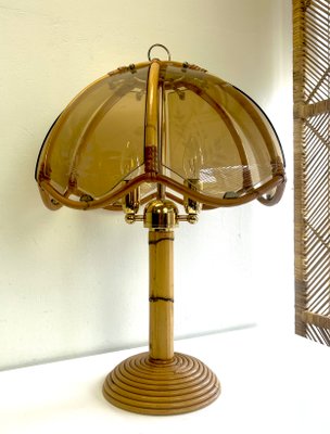 Italian Bamboo Pencil Reed Table Lamp with Smoked Glass Shade, 1970s-WZZ-1370871