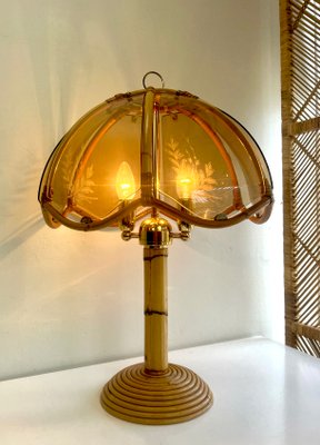 Italian Bamboo Pencil Reed Table Lamp with Smoked Glass Shade, 1970s-WZZ-1370871