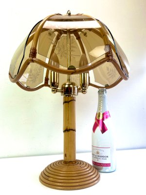 Italian Bamboo Pencil Reed Table Lamp with Smoked Glass Shade, 1970s-WZZ-1370871