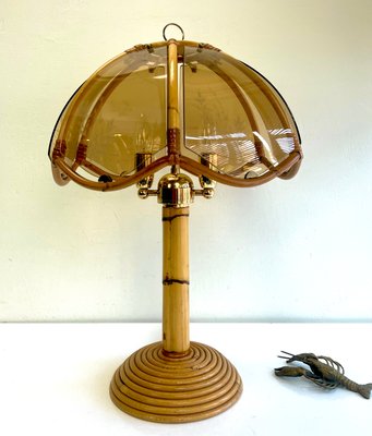 Italian Bamboo Pencil Reed Table Lamp with Smoked Glass Shade, 1970s-WZZ-1370871