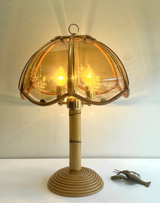 Italian Bamboo Pencil Reed Table Lamp with Smoked Glass Shade, 1970s-WZZ-1370871