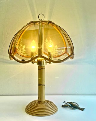 Italian Bamboo Pencil Reed Table Lamp with Smoked Glass Shade, 1970s-WZZ-1370871