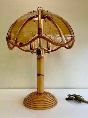 Italian Bamboo Pencil Reed Table Lamp with Smoked Glass Shade, 1970s-WZZ-1370871