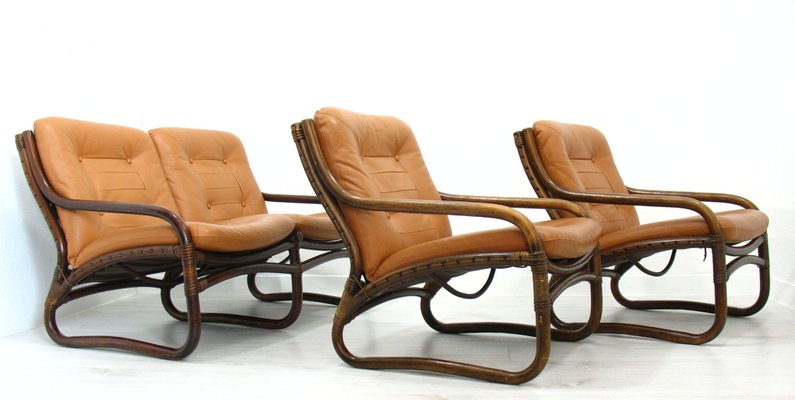 Italian Bamboo, Rattan, and Leather Living Room Set, 1970s, Set of 4-WVA-992797