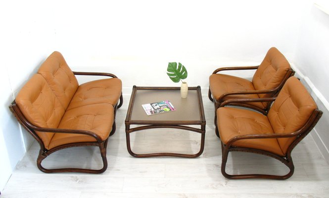 Italian Bamboo, Rattan, and Leather Living Room Set, 1970s, Set of 4-WVA-992797