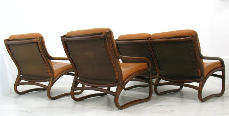 Italian Bamboo, Rattan, and Leather Living Room Set, 1970s, Set of 4-WVA-992797