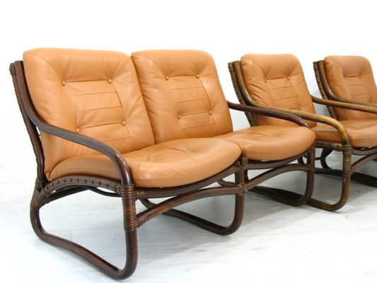 Italian Bamboo, Rattan, and Leather Living Room Set, 1970s, Set of 4-WVA-992797