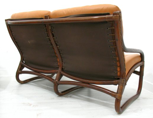 Italian Bamboo, Rattan, and Leather Living Room Set, 1970s, Set of 4-WVA-992797