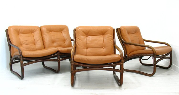 Italian Bamboo, Rattan, and Leather Living Room Set, 1970s, Set of 4-WVA-992797