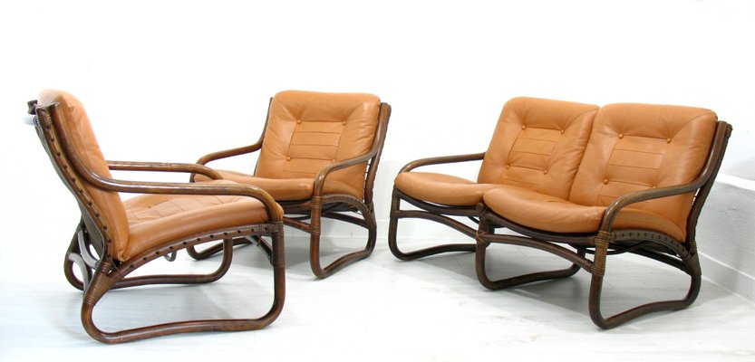 Italian Bamboo, Rattan, and Leather Living Room Set, 1970s, Set of 4-WVA-992797