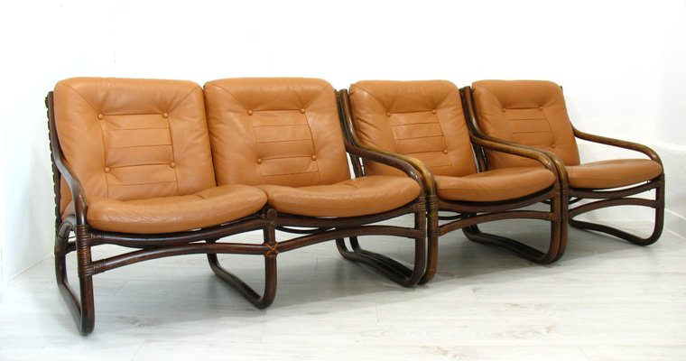 Italian Bamboo, Rattan, and Leather Living Room Set, 1970s, Set of 4-WVA-992797