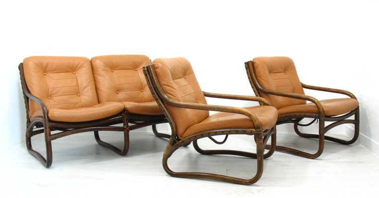 Italian Bamboo, Rattan, and Leather Living Room Set, 1970s, Set of 4-WVA-992797