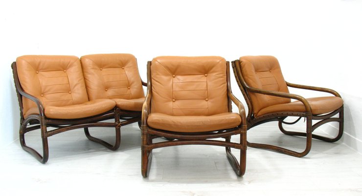 Italian Bamboo, Rattan, and Leather Living Room Set, 1970s, Set of 4-WVA-992797