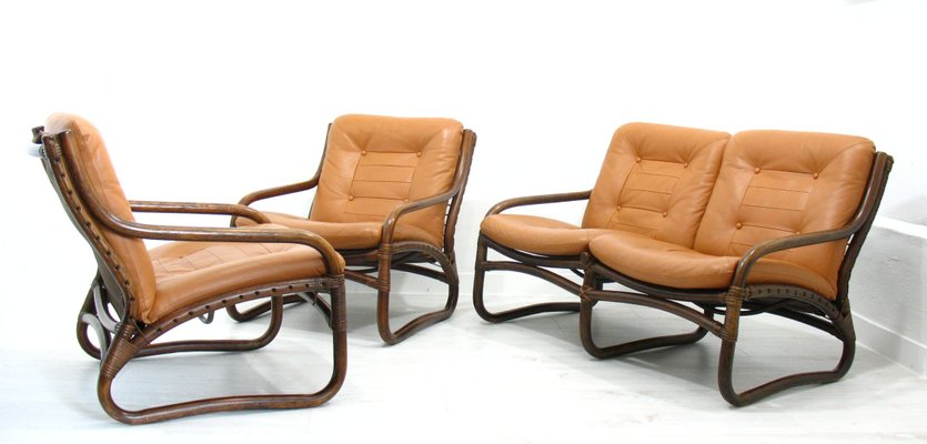 Italian Bamboo, Rattan, and Leather Living Room Set, 1970s, Set of 4-WVA-992797