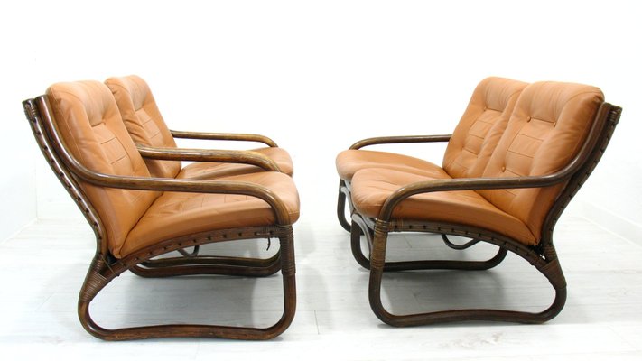 Italian Bamboo, Rattan, and Leather Living Room Set, 1970s, Set of 4-WVA-992797