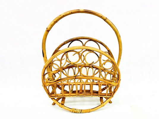 Italian Bamboo & Rattan Round Magazine Rack, 1970s-ZCY-1746380