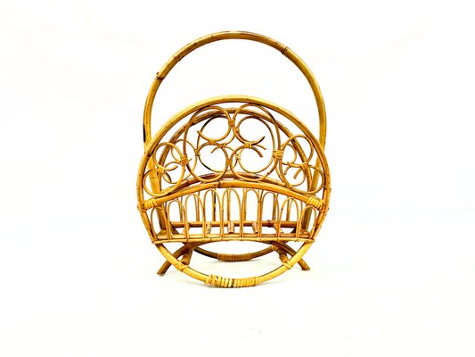 Italian Bamboo & Rattan Round Magazine Rack, 1970s-ZCY-1746380