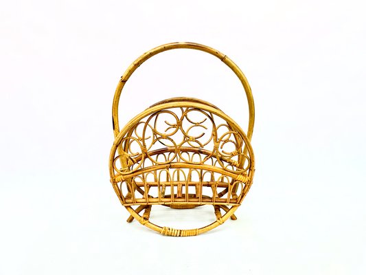 Italian Bamboo & Rattan Round Magazine Rack, 1970s-ZCY-1746380