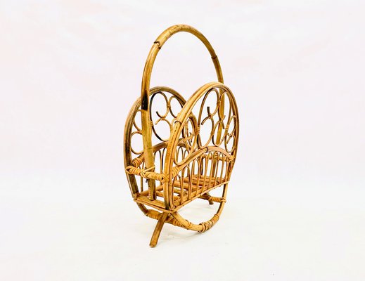 Italian Bamboo & Rattan Round Magazine Rack, 1970s-ZCY-1746380