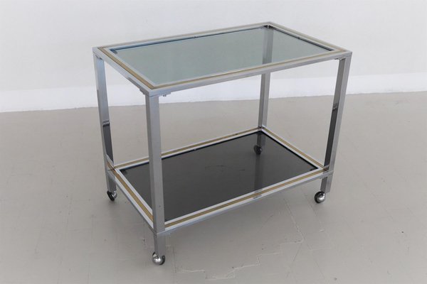 Italian Bar Cart or Trolley in Brass and Chrome, 1970s-VNE-966159