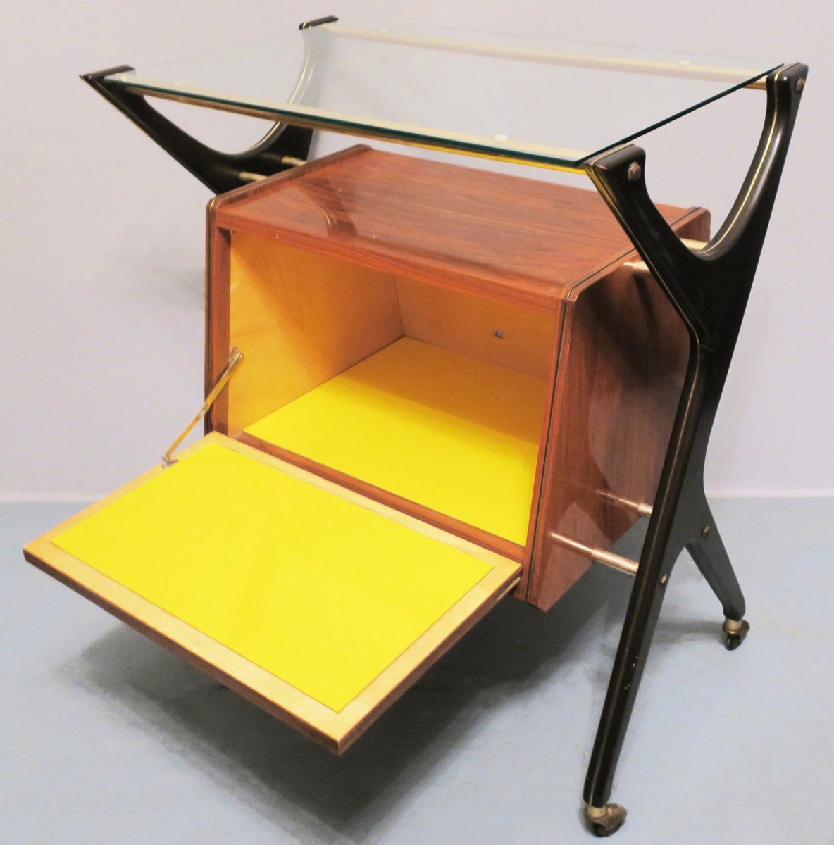 Italian Bar Cart with Canary Yellow Interior, 1950s