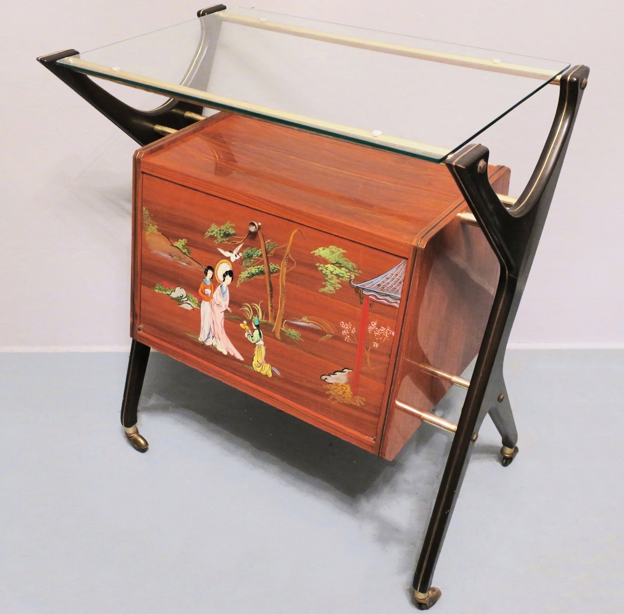 Italian Bar Cart with Canary Yellow Interior, 1950s