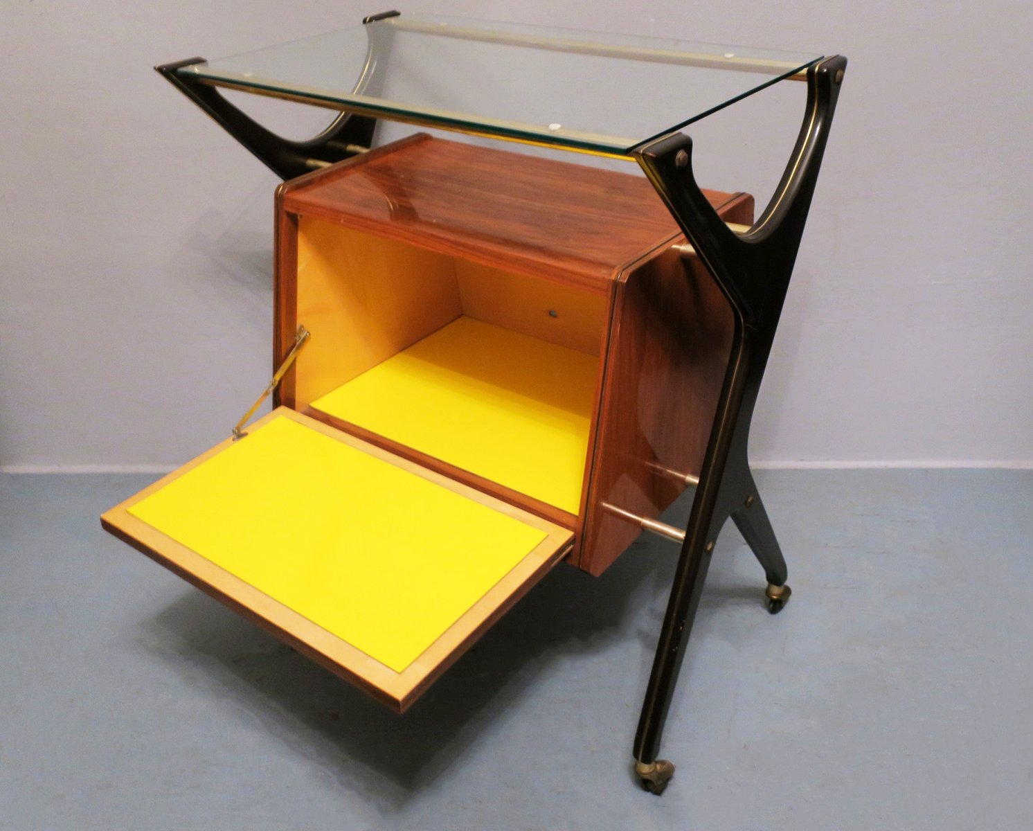 Italian Bar Cart with Canary Yellow Interior, 1950s