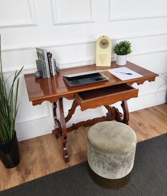 Italian Baroque Style Walnut Lyre-Leg Trestle Refectory Desk Writing Table, 1980s-EUP-1704214