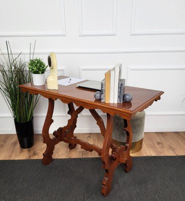 Italian Baroque Style Walnut Lyre-Leg Trestle Refectory Desk Writing Table, 1980s-EUP-1704214