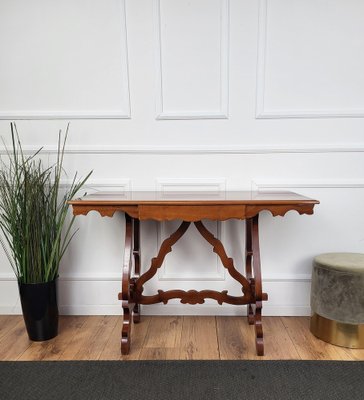 Italian Baroque Style Walnut Lyre-Leg Trestle Refectory Desk Writing Table, 1980s-EUP-1704214