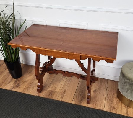 Italian Baroque Style Walnut Lyre-Leg Trestle Refectory Desk Writing Table, 1980s-EUP-1704214