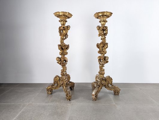 Italian Baroque Torcheres in Golden Wood, 1800s, Set of 2-JJT-1585799