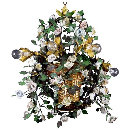 Italian Basket Chandelier with Colorful Porcelain Flowers, 1940s