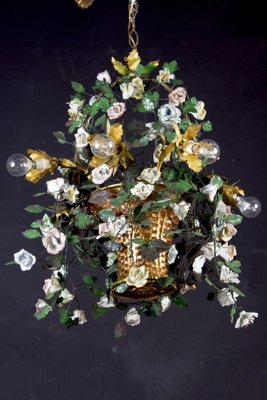 Italian Basket Chandelier with Colorful Porcelain Flowers, 1940s-MBH-1032575