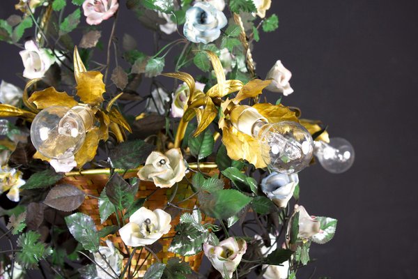 Italian Basket Chandelier with Colorful Porcelain Flowers, 1940s-MBH-1032575