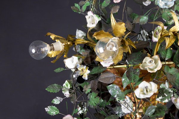 Italian Basket Chandelier with Colorful Porcelain Flowers, 1940s-MBH-1032575