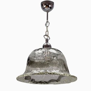 Italian Bell-Shaped Iced Murano Glass and Chrome Pendant Lamp-KEG-981866