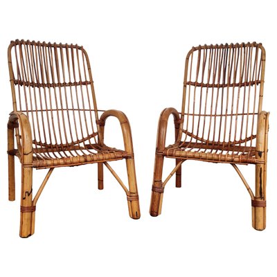 Italian Bent Bamboo Rattan French Lounge Chairs by Franco Albini, 1960s, Set of 2-EUP-1018338