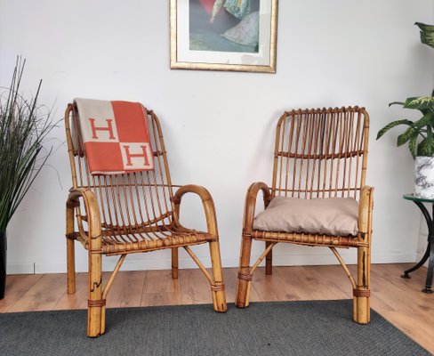 Italian Bent Bamboo Rattan French Lounge Chairs by Franco Albini, 1960s, Set of 2-EUP-1018338