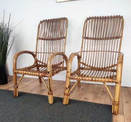 Italian Bent Bamboo Rattan French Lounge Chairs by Franco Albini, 1960s, Set of 2-EUP-1018338