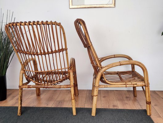 Italian Bent Bamboo Rattan French Riviera Lounge Chairs by Franco Albini, 1960s, Set of 2-EUP-1018334